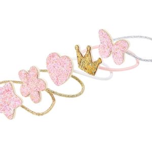 Vijf Souza haarelastieken met roze glitterfiguren en gouden kroontje, voor prinsessen accessoires