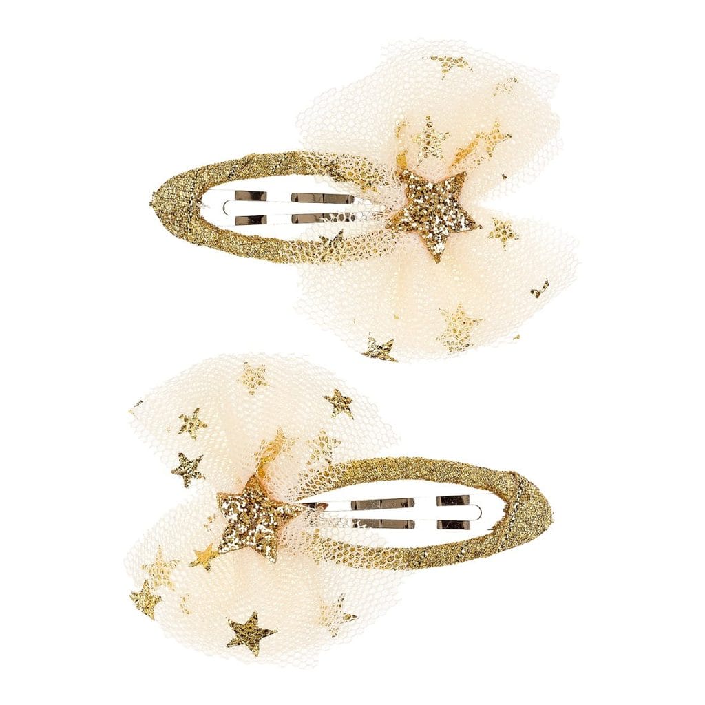 Twee gouden haarclips van Souza! met witte organza, glittersterren en een stervormige versiering