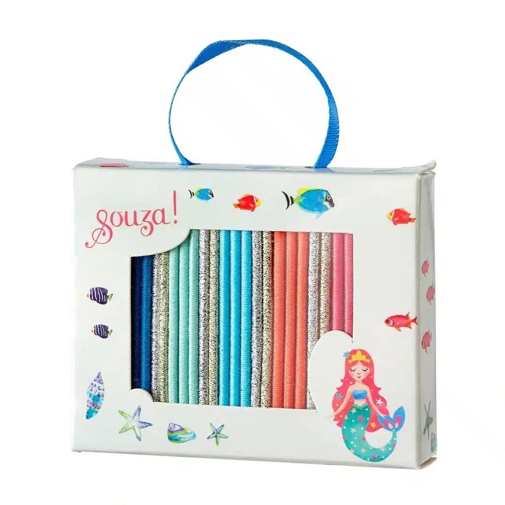 Souza! haarelastieken zeemeermin in een giftdoos met kleurrijke elastieken en vissen, onderdeel van prinsessen accessoires
