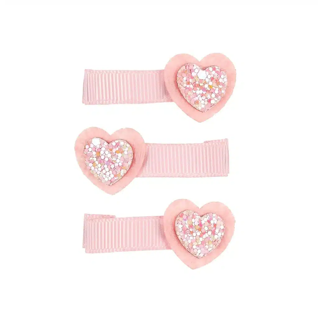 Drie roze haarclips Liese met vilten hartjes en glinsterende hartvormige versiering