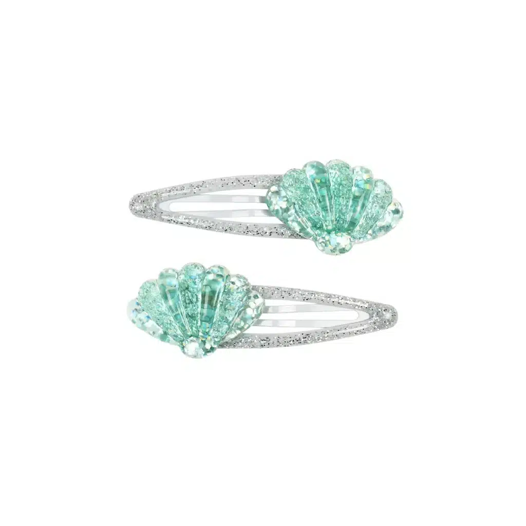 Souza! Haarclips Tina, 2 zilverkleurige haarspeldjes met glinsterende schelpjes in mintgroen
