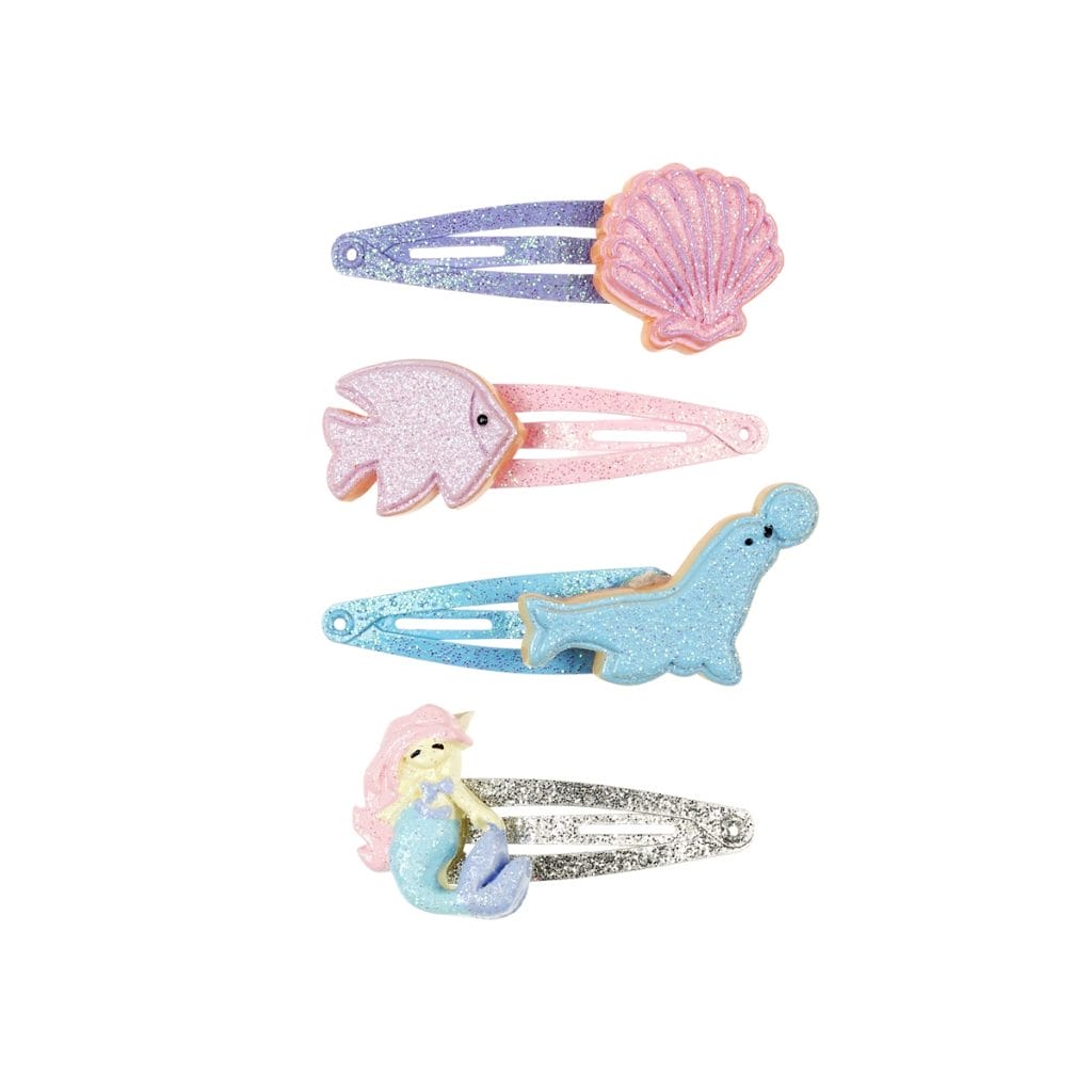 Vier glitter haarclips Anette van Souza! met een schelp, vis, zeehond en zeemeermin als versiering