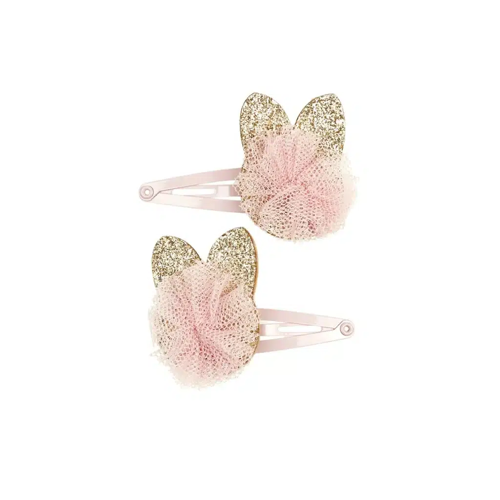 Twee roze kattenhaarclips van Souza! met gouden glitteroren en roze organzaversiering