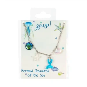 Blauwe zeemeermin ketting met bedeltjes van een zeemeerminstaart, schelp, zeester en schubbenhanger op Souza!-kaart