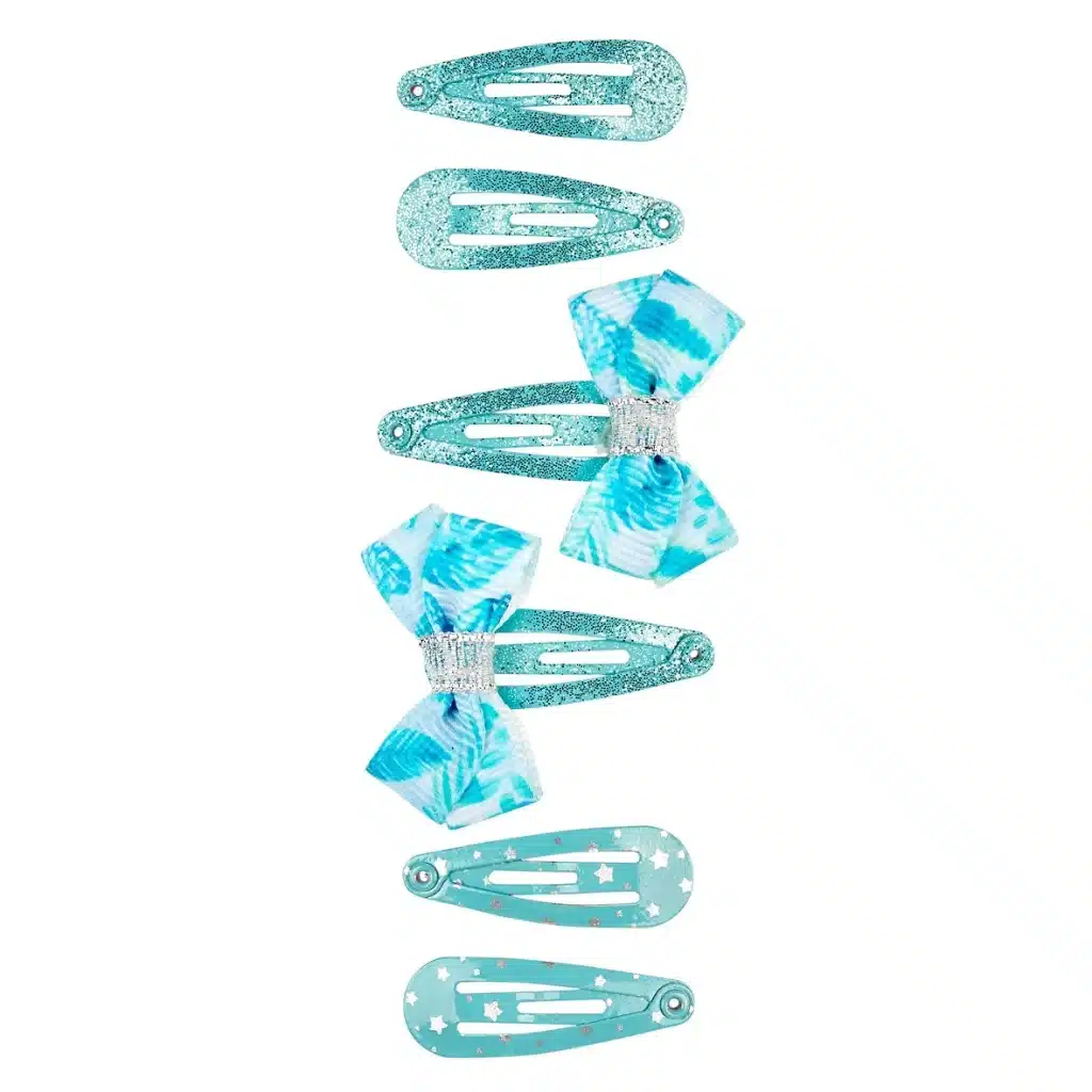 Set van 6 blauwe haarclips Alice van Souza!, met zilveren glitters, sterren en twee blauwe strikken