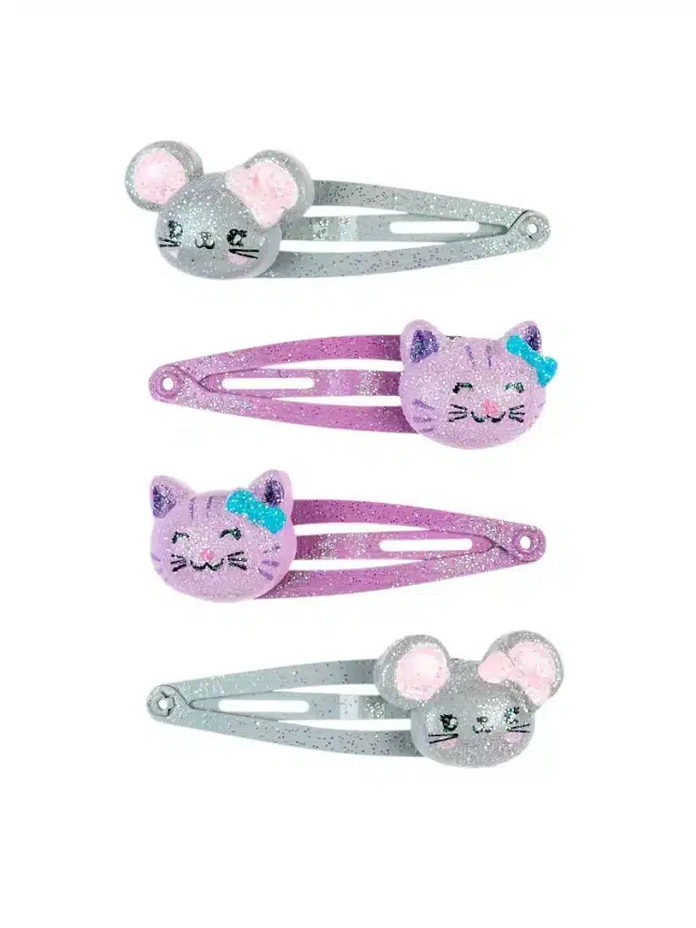 Vier glitterhaarclips Kat & Muis van Souza!, met twee roze katten en twee grijze muizen op de clips
