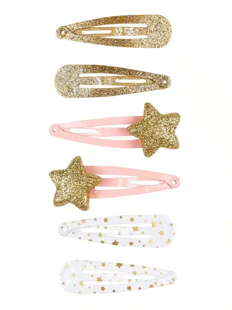 Zes sterren haarclips Julie in goud, lichtroze en wit met glitters en sterrenprint