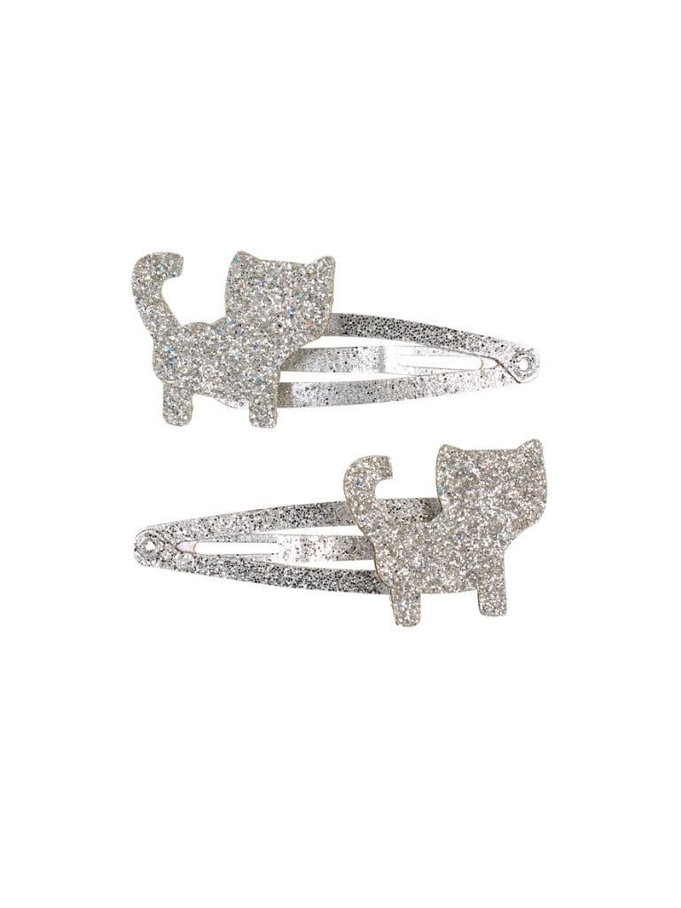 Zilveren prinsessen accessoires: twee glitter haarclips van Souza! met katten.
