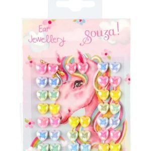 Vel met kleurrijke hartvormige unicorn plak oorbellen van Souza! op een roze kaart