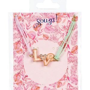 Souza! Love-armbandje in cadeauverpakking met roze bloemenprint en goudkleurige letters.