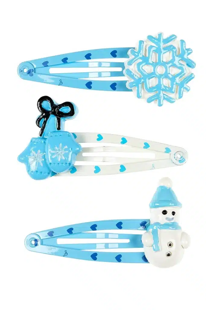 Blauwe prinsessen accessoires: drie Milena haarclips van Souza! met een sneeuwvlok, wanten en sneeuwman.