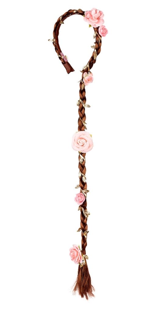 Bruine diadeem vlecht van nephaar met roze bloemen en goudkleurige blaadjes, los afgebeeld op een witte achtergrond.