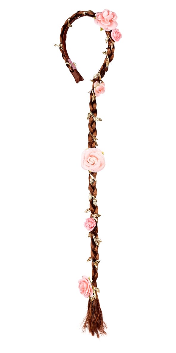 Bruine diadeem vlecht van nephaar met roze bloemen en goudkleurige blaadjes, los afgebeeld op een witte achtergrond.