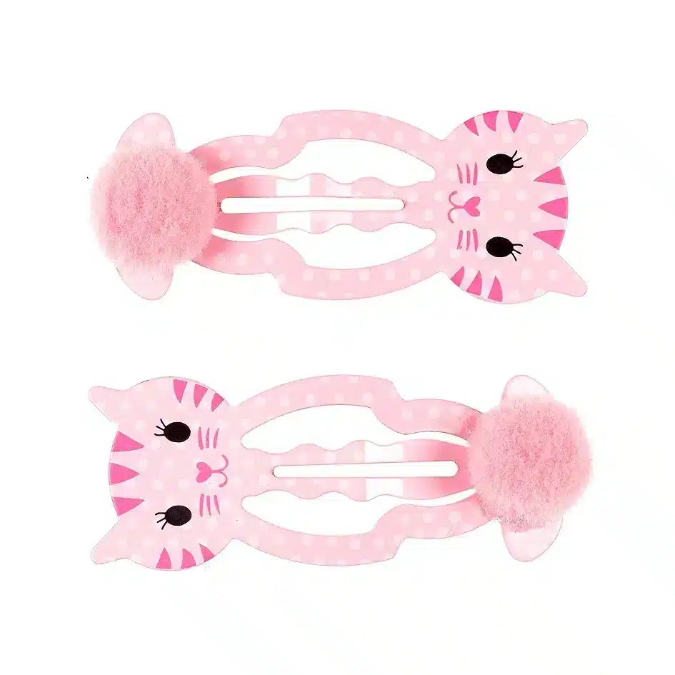 Twee roze Minou haarclips van Souza! met een kattengezicht, oortjes en zachte pompons.