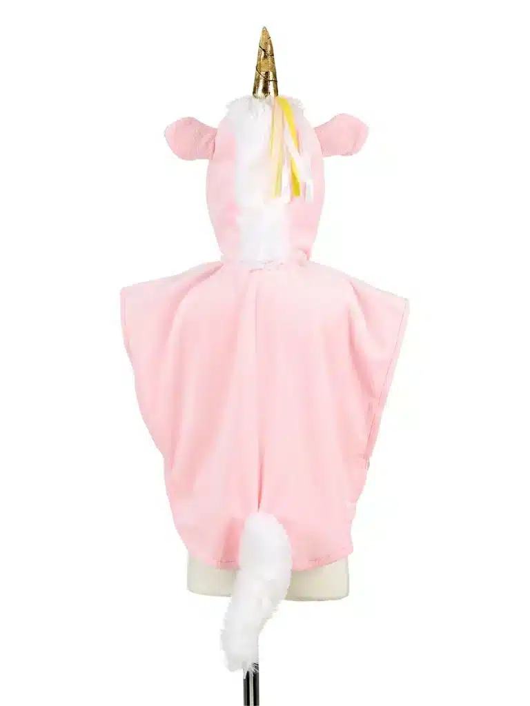 Roze unicorn cape voor 2 jaar van Souza!, van achteren met gouden hoorn, oren en witte staart.