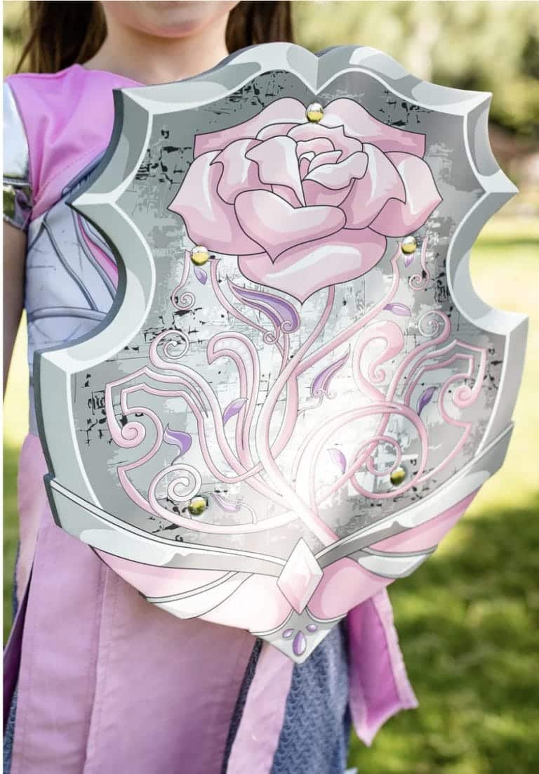 Prinsessenschild met grote roze roos en sierlijke krullen, vastgehouden door een kind in een roze jurk