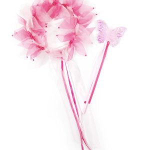 Roze stralenkrans en prinsessen toverstaf met doorschijnende linten en een vlinder, los gefotografeerd op een witte achtergrond.
