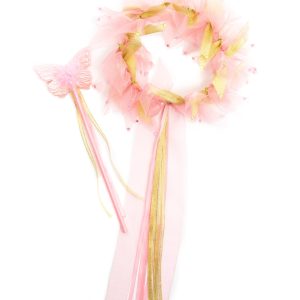 Roze en gouden stralenkrans met bijpassende prinsessen toverstaf, versierd met linten en een vlinder