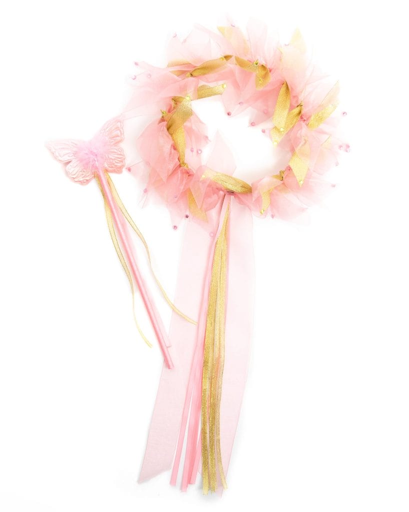 Roze en gouden stralenkrans met bijpassende prinsessen toverstaf, versierd met linten en een vlinder