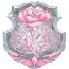 Prinsessen accessoires: het Little Adventures-prinsessenschild met een grote roze roos en sierlijke roze krullen op een grijze achtergrond.