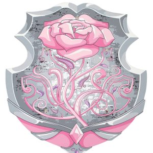 Prinsessen accessoires: het Little Adventures-prinsessenschild met een grote roze roos en sierlijke roze krullen op een grijze achtergrond.