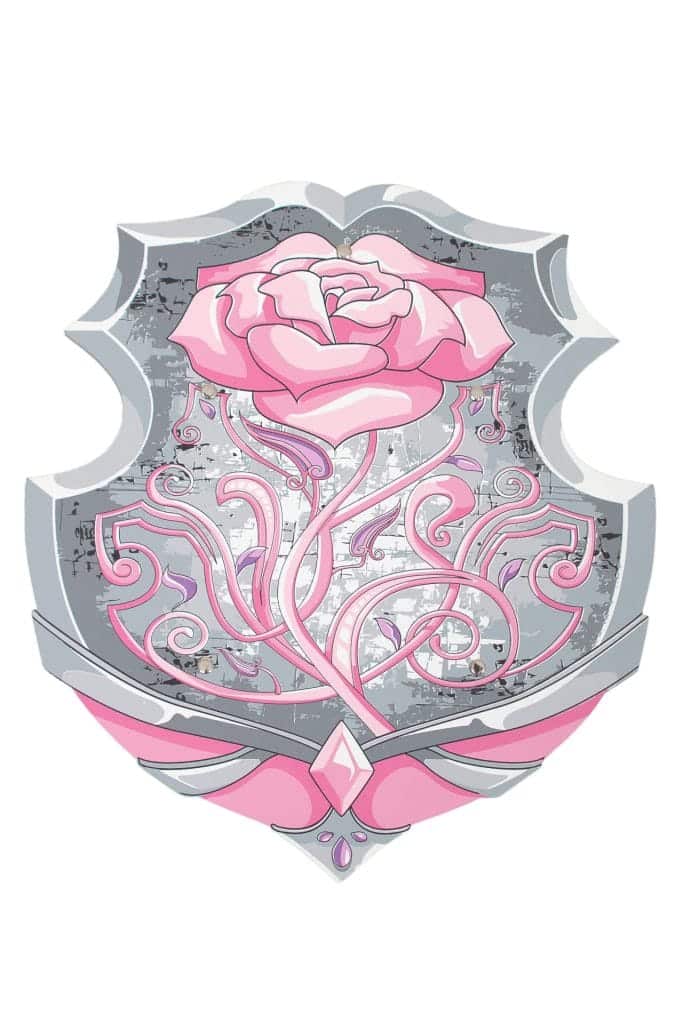 Prinsessen accessoires: het Little Adventures-prinsessenschild met een grote roze roos en sierlijke roze krullen op een grijze achtergrond.