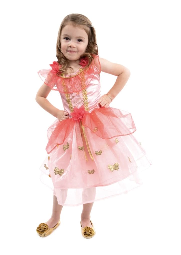 Meisje draagt een roze elfjesjurk met gouden vlinders, rozen en een transparante rok