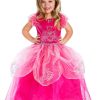 Meisje draagt een fuchsia prinsessenjurk Deluxe Pink van Little Adventures met zilverkleurige versieringen en tule rok