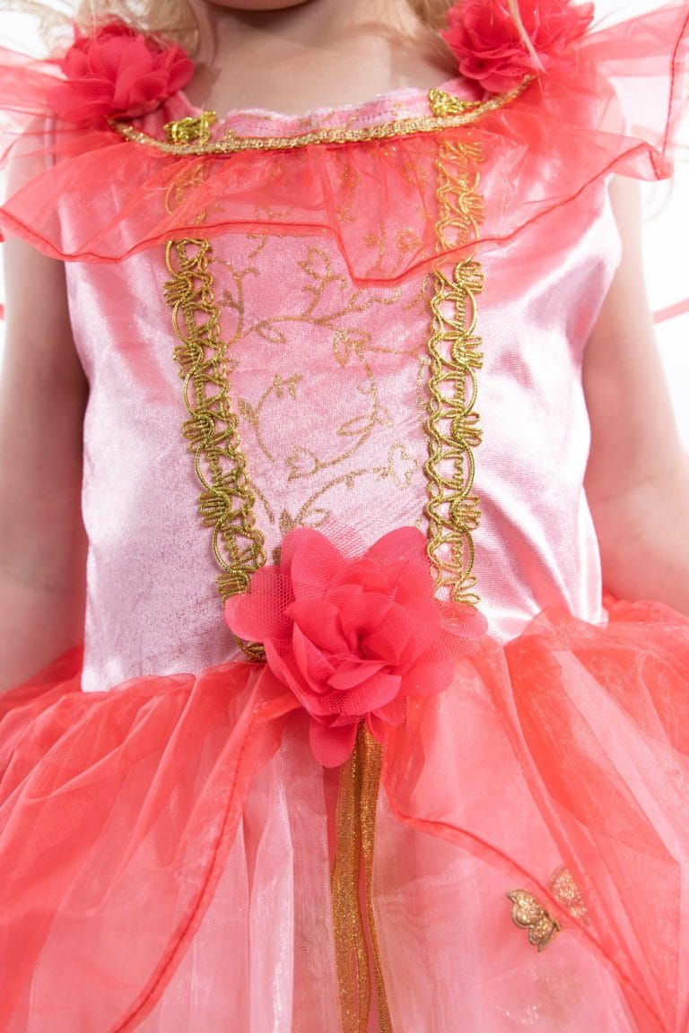 Roze vlinderjurk van Little Adventures: detail van de elfjesjurk met gouden bies, bloemapplicaties en glanzende rok.