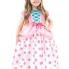 Meisje draagt een roze Bo Peep kostuum van Little Adventures met witte rok met roze stippen en grote strik