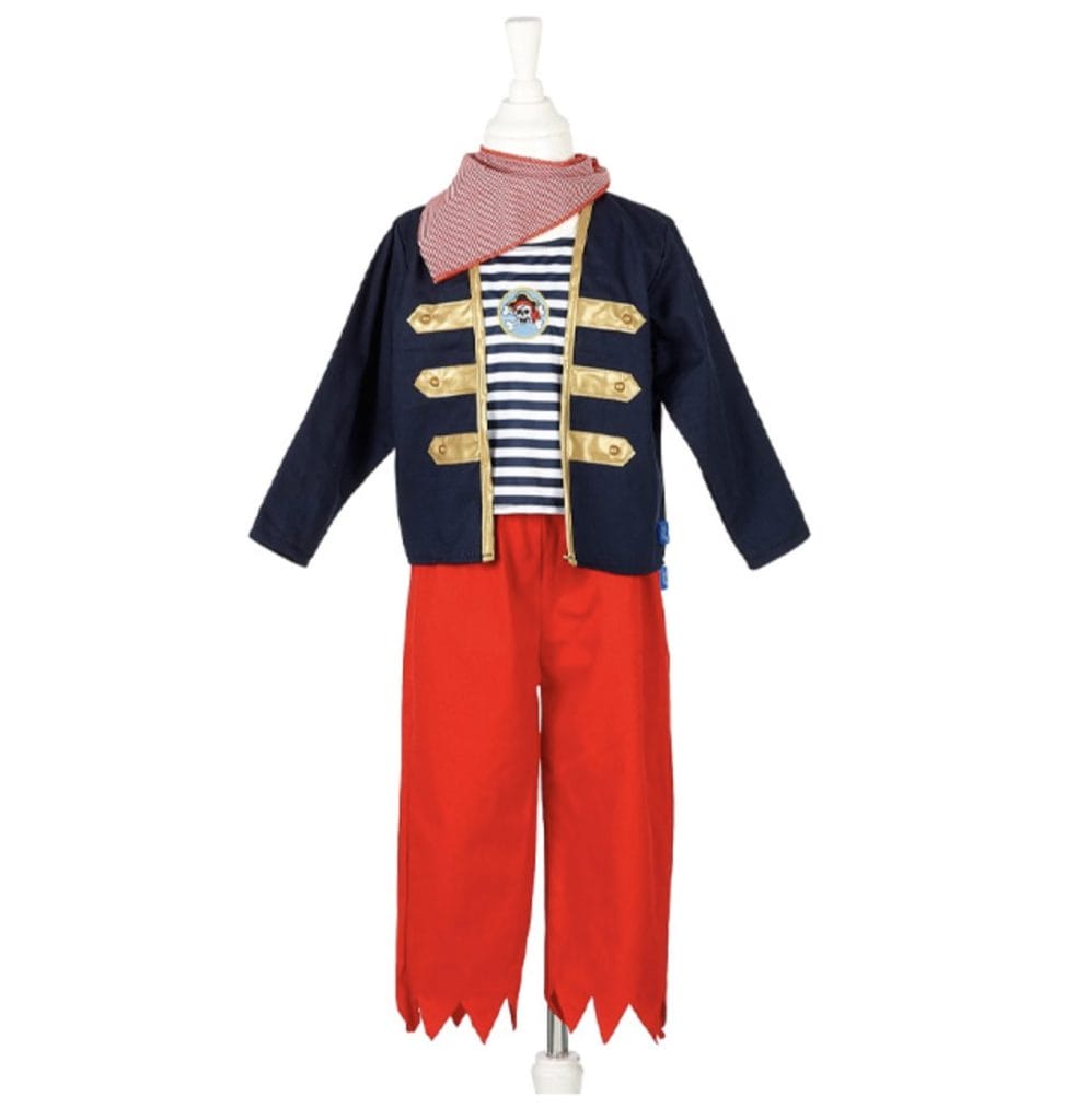 Piratenpak Robert, een vierdelige verkleedset met blauw jasje, rood-wit gestreept shirt, rode broek en geruite bandana op paspop.