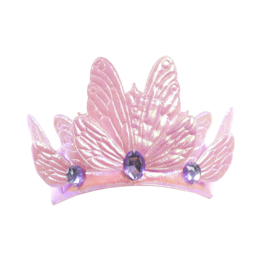 Roze kroon met vlindervleugels en drie lichtpaarse fonkelende juwelen, een zachte vlinderkroon voor kinderen