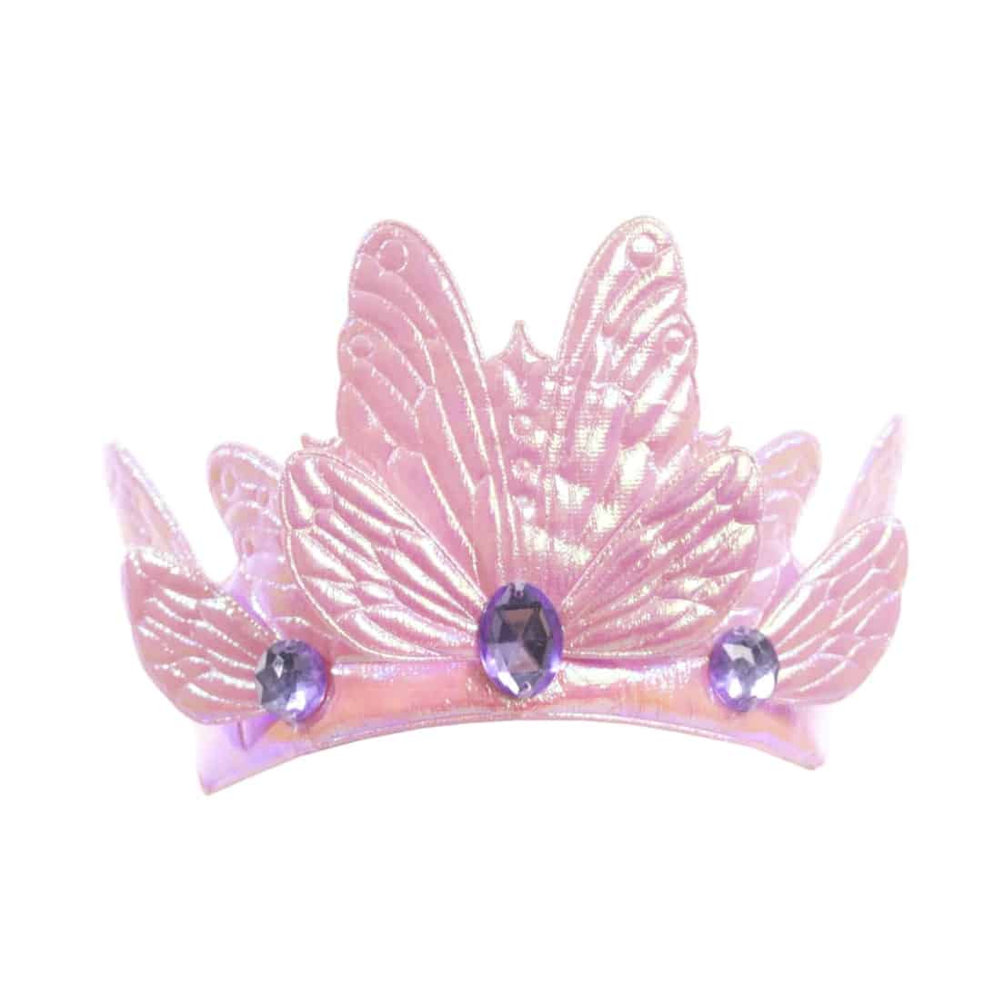 Roze kroon met vlindervleugels en drie lichtpaarse fonkelende juwelen, een zachte vlinderkroon voor kinderen