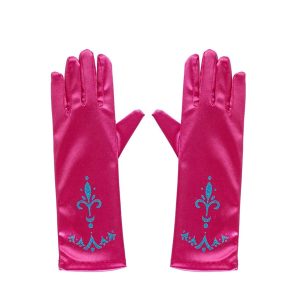 Fuchsia prinsessenhandschoenen met glanzende stof en blauwe sierlijke glitterversiering op de manchetten