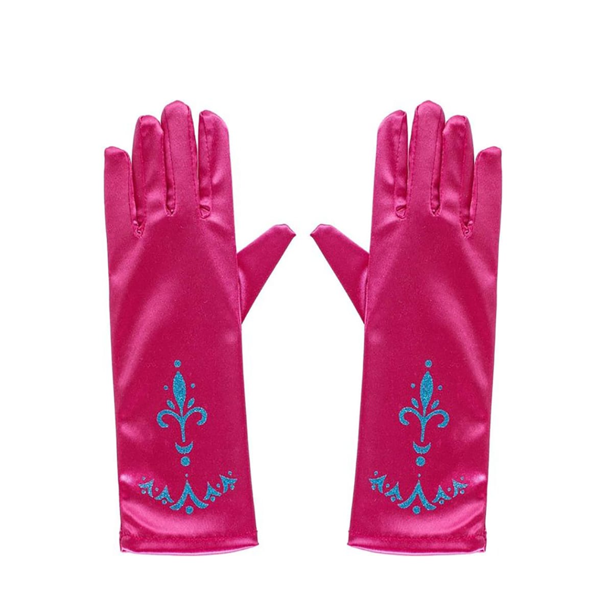 Fuchsia prinsessenhandschoenen met glanzende stof en blauwe sierlijke glitterversiering op de manchetten