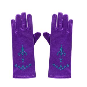 Paarse prinsessenhandschoenen met glitters en turquoise siermotief op de rug van beide handschoenen