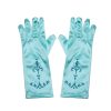 Lichtblauwe Elsa handschoenen van satijn met donkerblauwe glitterversiering, naast elkaar op een witte achtergrond