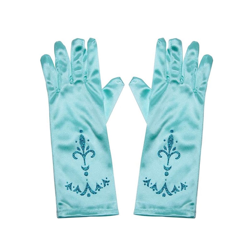 Lichtblauwe Elsa handschoenen van satijn met donkerblauwe glitterversiering, naast elkaar op een witte achtergrond
