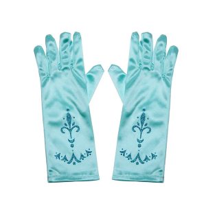 Lichtblauwe Elsa handschoenen van satijn met donkerblauwe glitterversiering, naast elkaar op een witte achtergrond