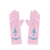 Roze prinsessenhandschoenen met blauwe kroontjes en sierlijke versiering, naast elkaar plat op een witte achtergrond