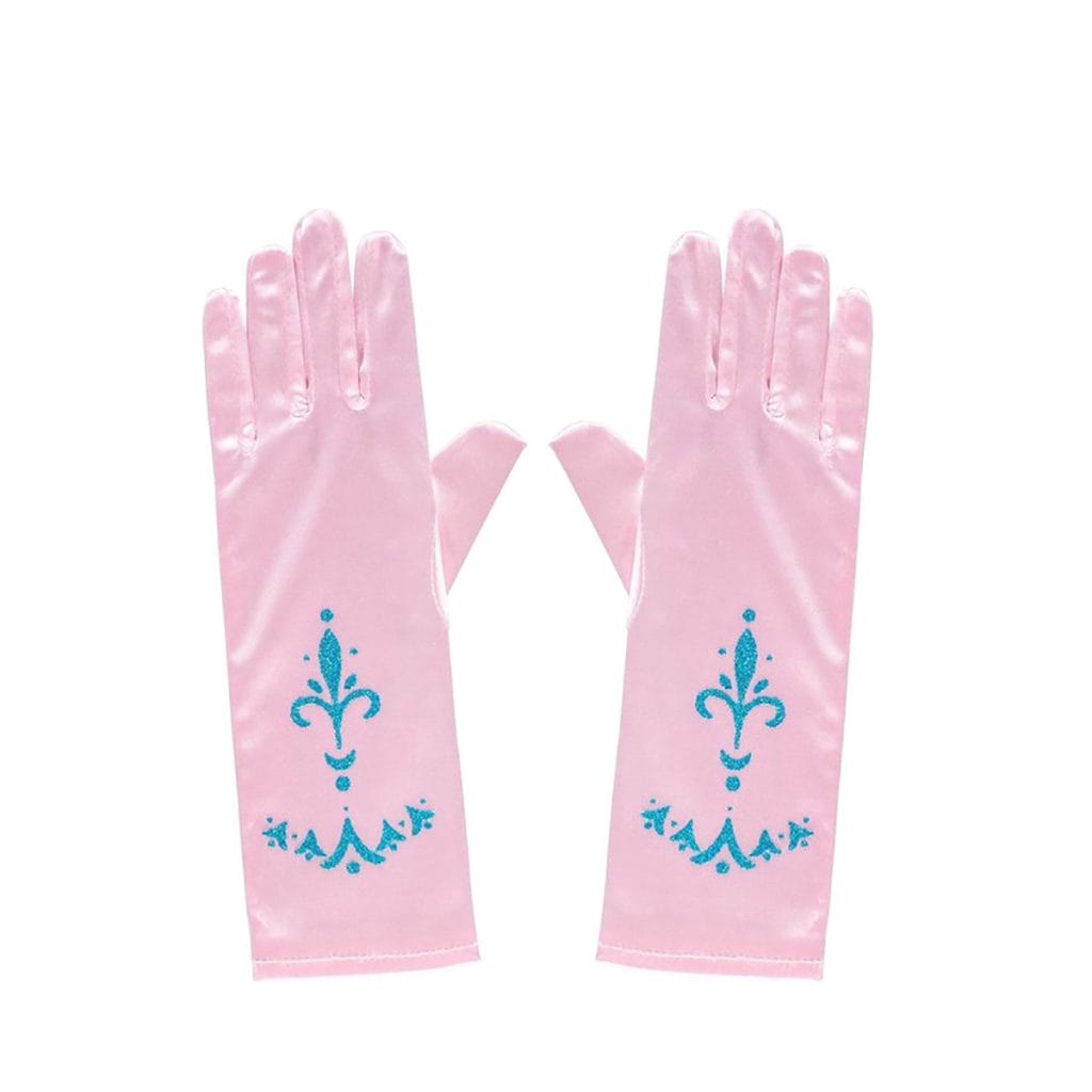 Roze prinsessenhandschoenen met blauwe kroontjes en sierlijke versiering, naast elkaar plat op een witte achtergrond