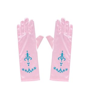 Roze prinsessenhandschoenen met blauwe kroontjes en sierlijke versiering, naast elkaar plat op een witte achtergrond
