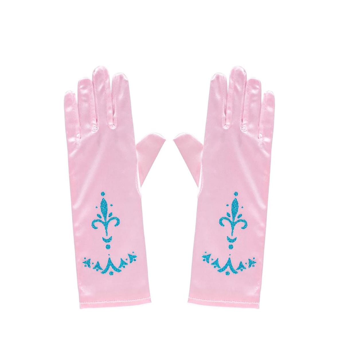 Roze prinsessenhandschoenen met blauwe kroontjes en sierlijke versiering, naast elkaar plat op een witte achtergrond
