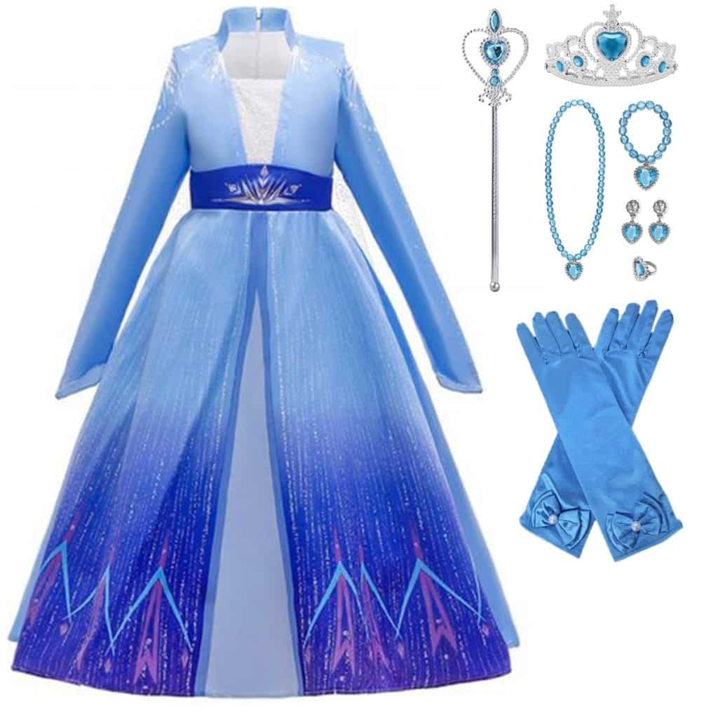 Blauwe Elsa prinsessenjurk met glanzende rok, kroon, toverstaf, sieraden en lange satijnen handschoenen