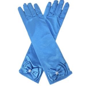 Donkerblauwe handschoenen van satijn met lange schacht en een strik met parel aan elke manchet