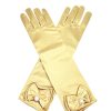 Gouden satijnen handschoenen met strikken en parels, gekruist afgebeeld als accessoire voor een prinsessenoutfit.