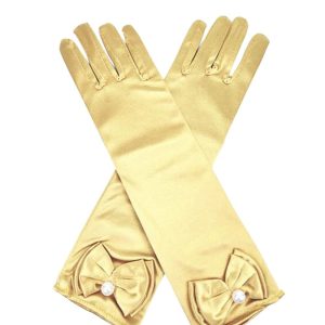 Gouden satijnen handschoenen met strikken en parels, gekruist afgebeeld als accessoire voor een prinsessenoutfit.