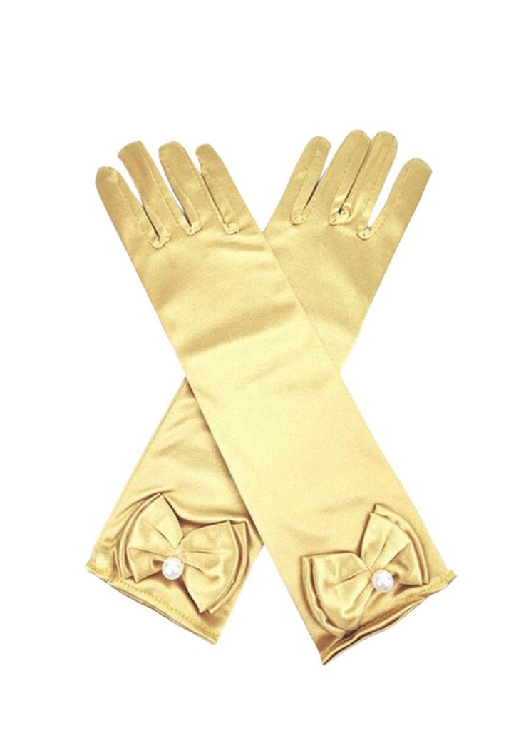 Gouden satijnen handschoenen met strikken en parels, gekruist afgebeeld als accessoire voor een prinsessenoutfit.