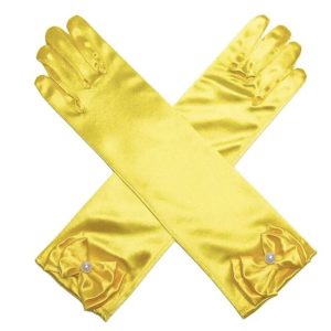 Gele satijnen prinsessenhandschoenen van 30 cm met een strik en parel aan de pols, gekruist neergelegd