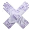 Lila satijnen prinsessen handschoenen van 30 cm met strikken en pareltjes, kruislings over elkaar gelegd